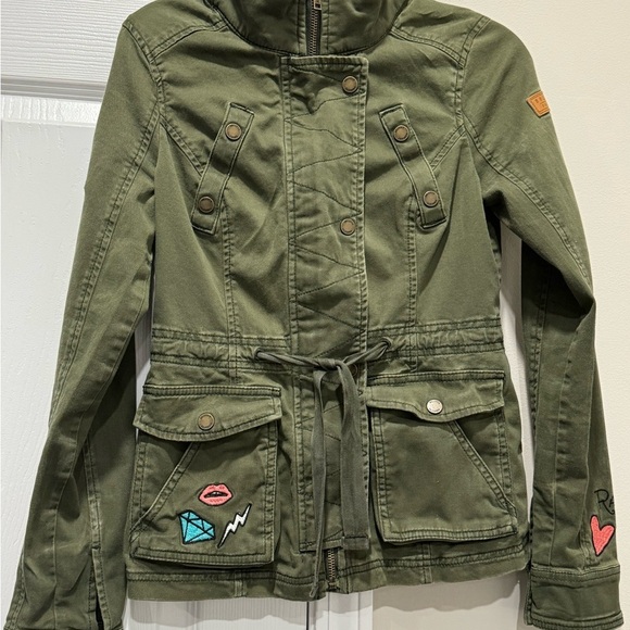 Hollister Cotton Twill Cargo Jacket Green Olive embroidery womens teens XS - Picture 9 of 14